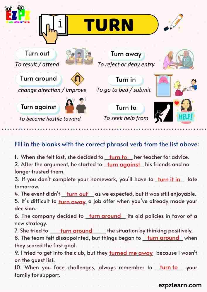 “Turn” Phrasal Verbs Worksheet – 11 Sentences | ESL Grammar Practice | Free PDF